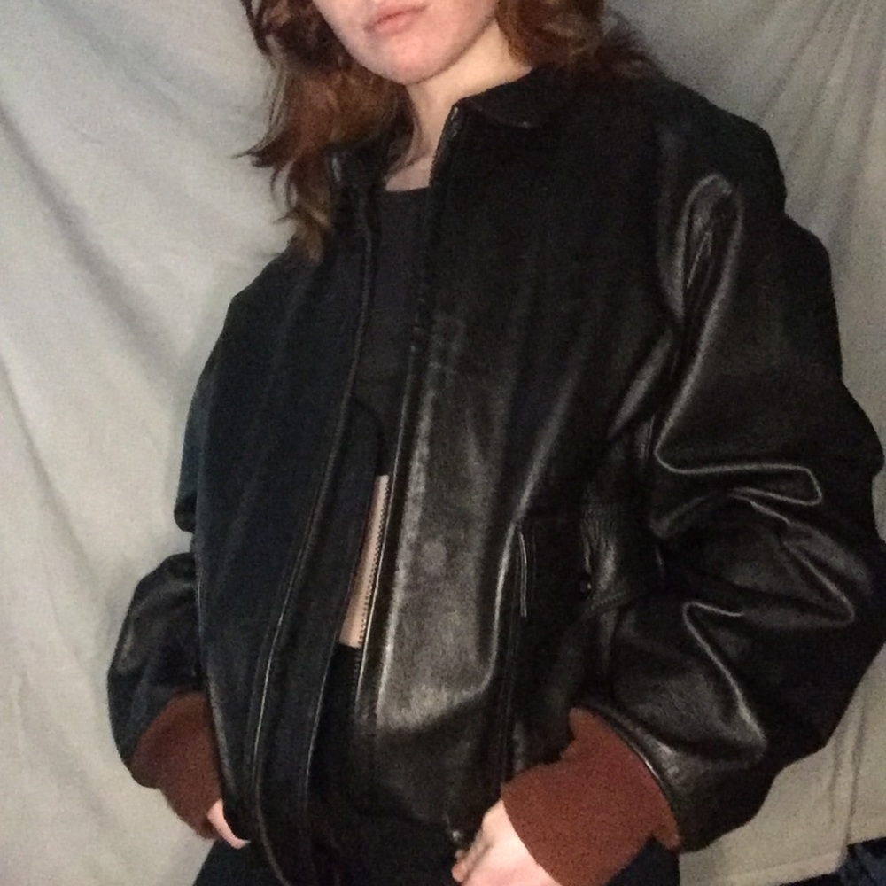 oversized black leather biker jacket